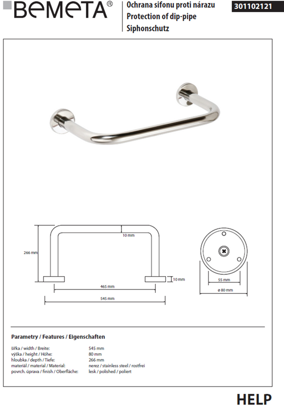 Barre d'appui HELP en acier inoxydable 54,5 x26,6 x8 cm