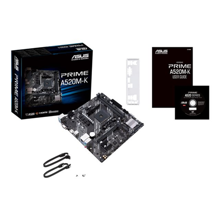 Asus | PRIME A520M-K | Famille de processeurs AMD | Socket de processeur AM4 | DDR4 | Emplacements mémoire : 2 | Interfaces de disque dur prises en charge : M.2, SATA | Nombre de connecteurs SATA : 4 | Chipset AMD A | Micro ATX
