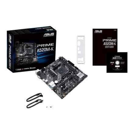 Asus | PRIME A520M-K | Famille de processeurs AMD | Socket de processeur AM4 | DDR4 | Emplacements mémoire : 2 | Interfaces de disque dur prises en charge : M.2, SATA | Nombre de connecteurs SATA : 4 | Chipset AMD A | Micro ATX