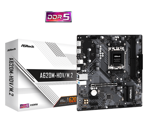 Carte mère asrock mb desktop a620m-hdv/m2 am5 2x ddr5 1x pcie 4.0 x16 2x pcie 3.0 x1 1x hyper m.2 pcie gen4x4 2x sata3 6.0 gb/s 1x hdmi 1x displayport 1x gigabit lan 5x usb 3.2 6x usb 2.0 1x usb-c micro atx