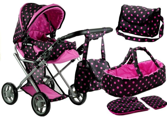 Poussette et bogie pour poupée Alice - avec porte-bébé, sac et literie - Noir à pois roses