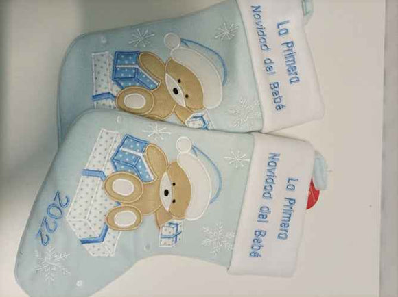 Ecost Heart's Sign Babys First Christmas Stockings Blue - Spanish