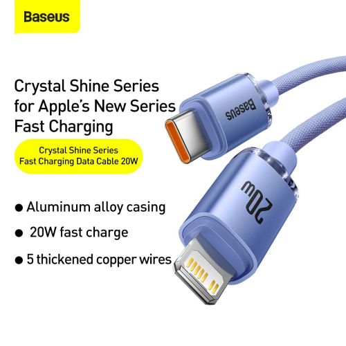 Câble Lightning Baseus Type-C, série Crystal Shine, charge rapide, données, 20 W, 1,2 m, violet (CAJY000205)