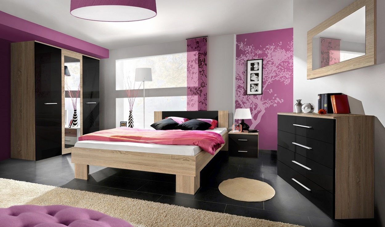 Chambre à coucher adulte complète VICKY II en chêne et noir de haute brillance - lit 140x80x200 cm clicktofournisseur.com