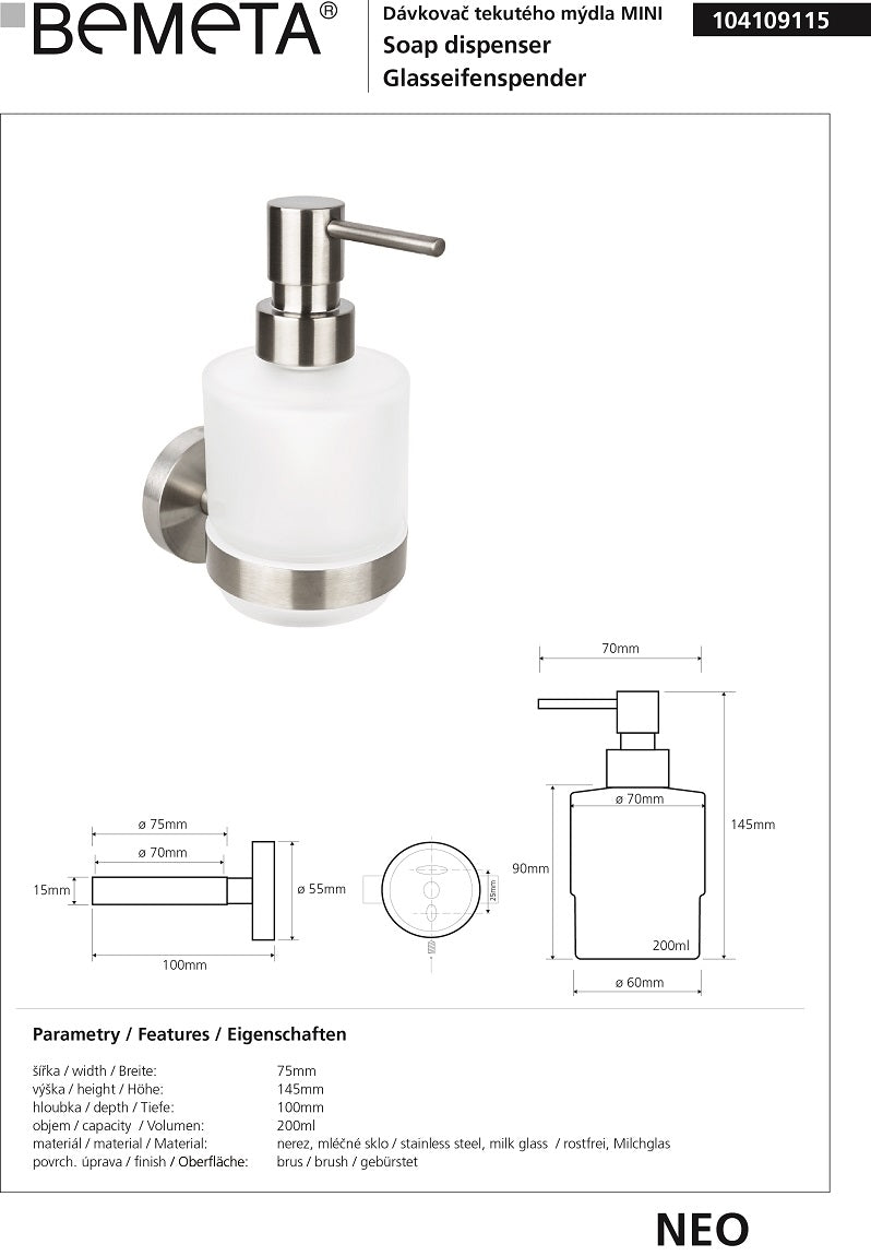 Distributeur de savon liquide NEO en acier inoxydable, en verre 200ml / 15x10x7,5cm clicktofournisseur.com