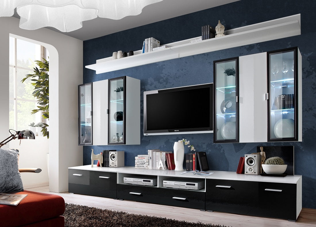 Ensemble meuble TV DORADE en blanc de haute brillance avec LED clicktofournisseur.com