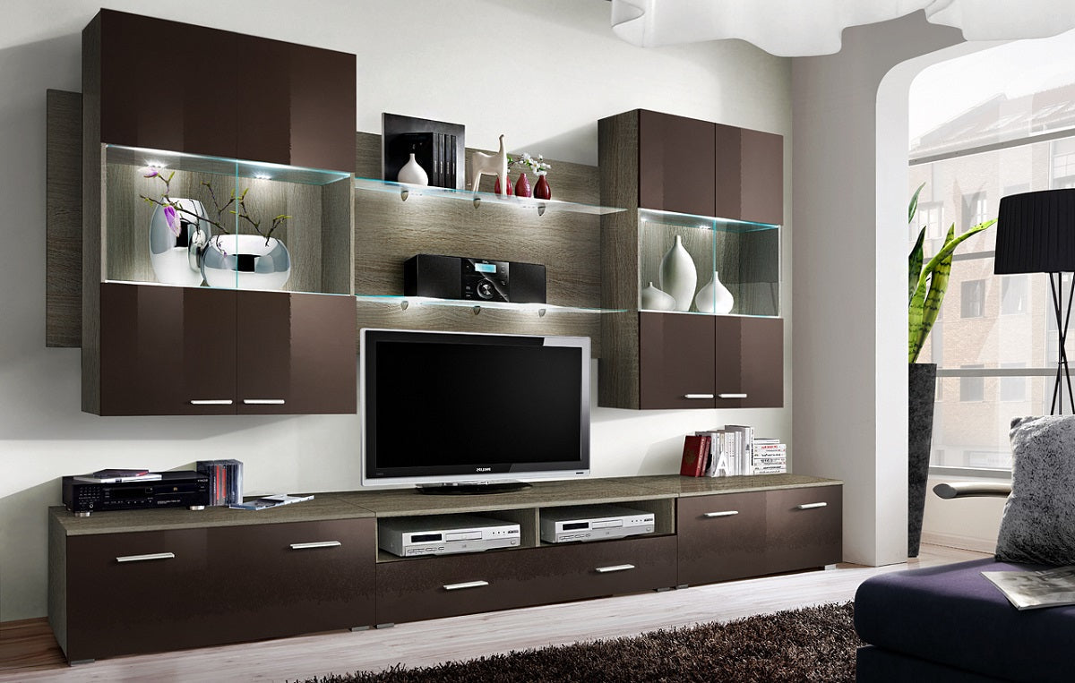 Ensemble meuble TV DORADE en prunier et blanc de haute brillance avec LED clicktofournisseur.com