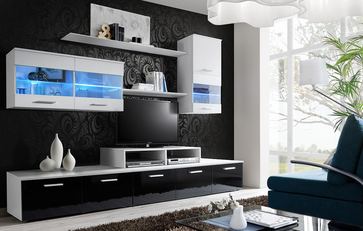 Ensemble meuble TV LYRA NIGHT noir de haute brillance avec LED clicktofournisseur.com