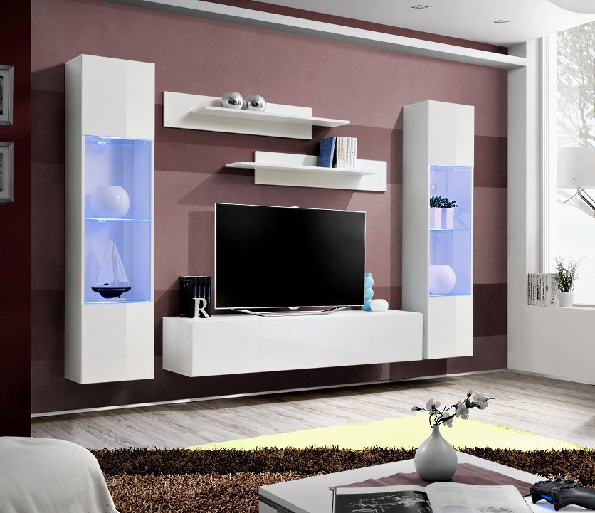 Ensemble meuble TV mural FLY-A blanc avec LED clicktofournisseur.com