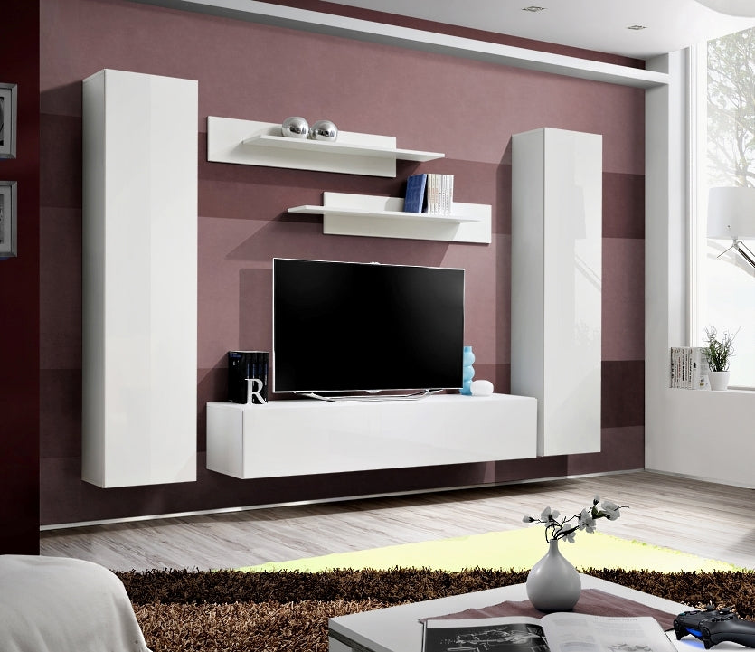 Ensemble meuble TV mural FLY-A blanc de haute brillance clicktofournisseur.com