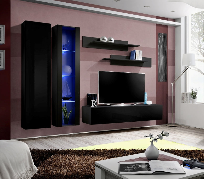 Ensemble meuble TV mural FLY-A noir avec LED clicktofournisseur.com