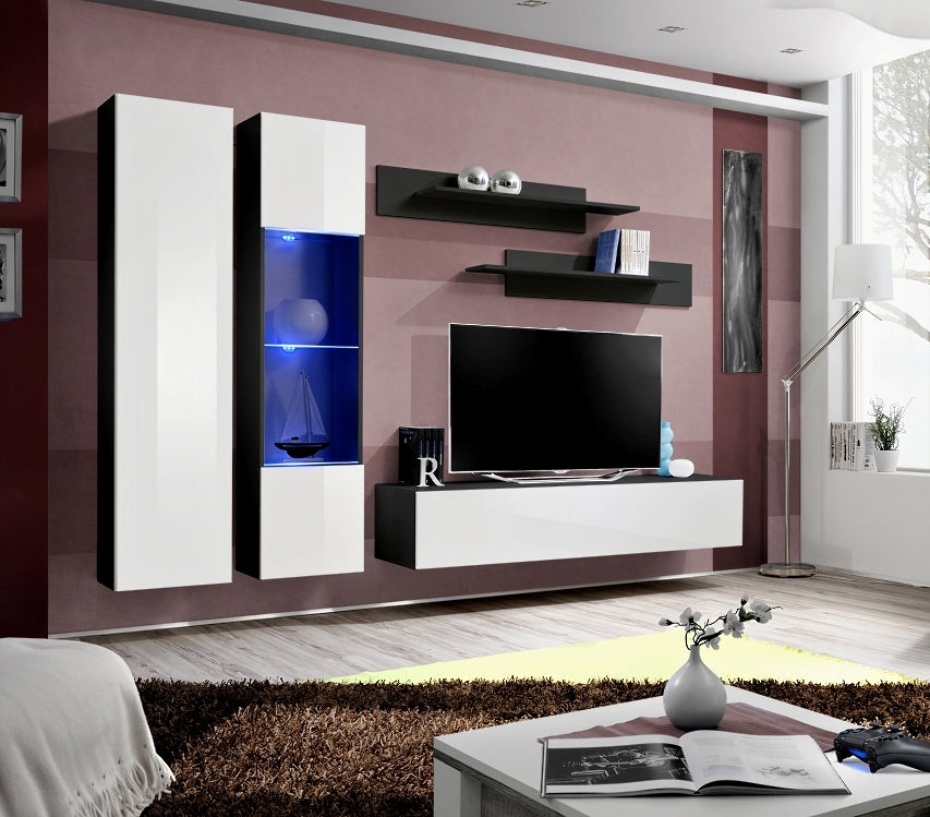 Ensemble meuble TV mural FLY-A noir et blanc avec LED clicktofournisseur.com
