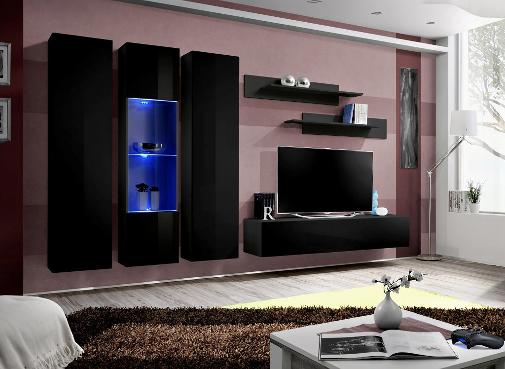 Ensemble meuble TV mural FLY-C noir avec LED clicktofournisseur.com