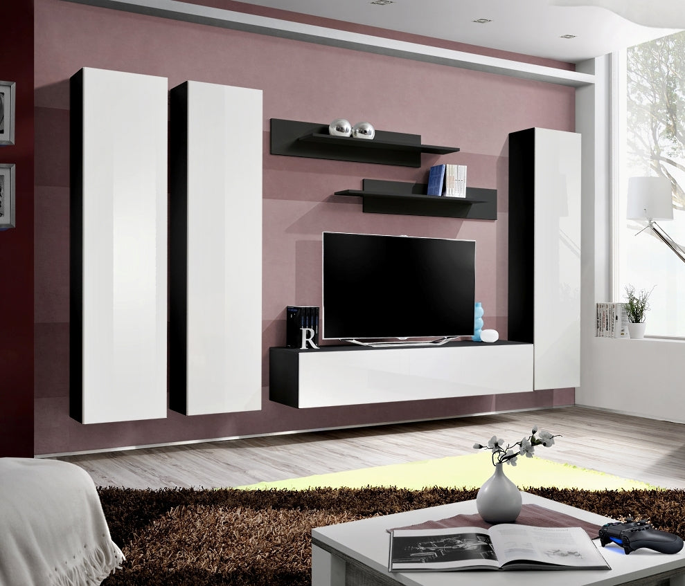 Ensemble meuble TV mural FLY-C noir et blanc de haute brillance clicktofournisseur.com