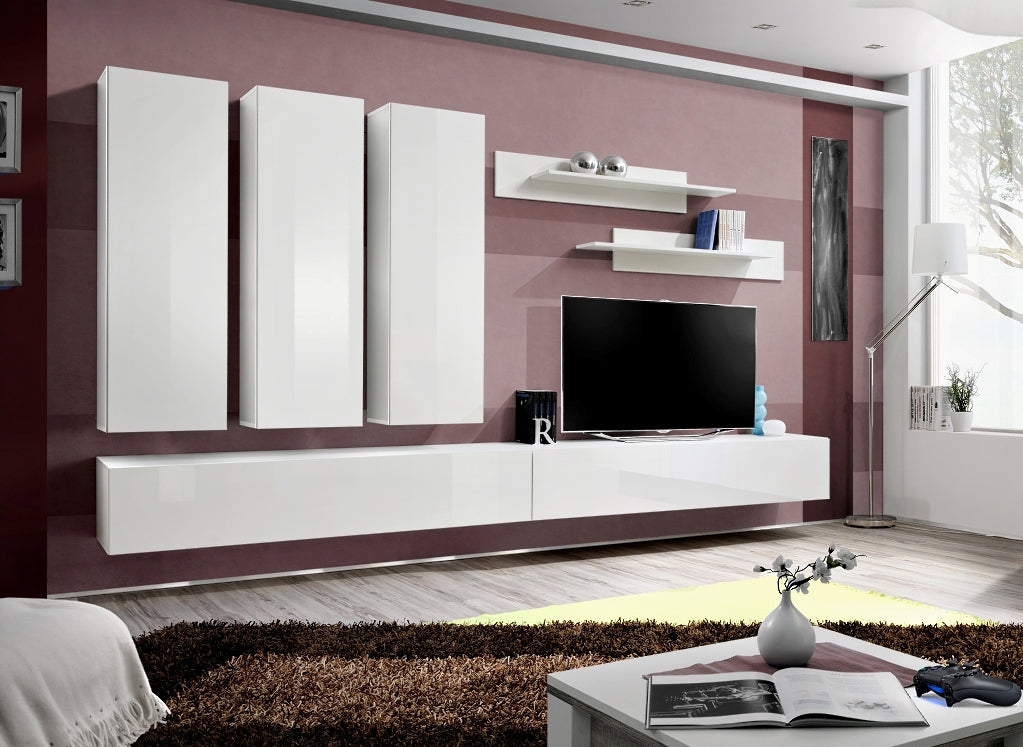 Ensemble meuble TV mural FLY-E blanc de haute brillance clicktofournisseur.com