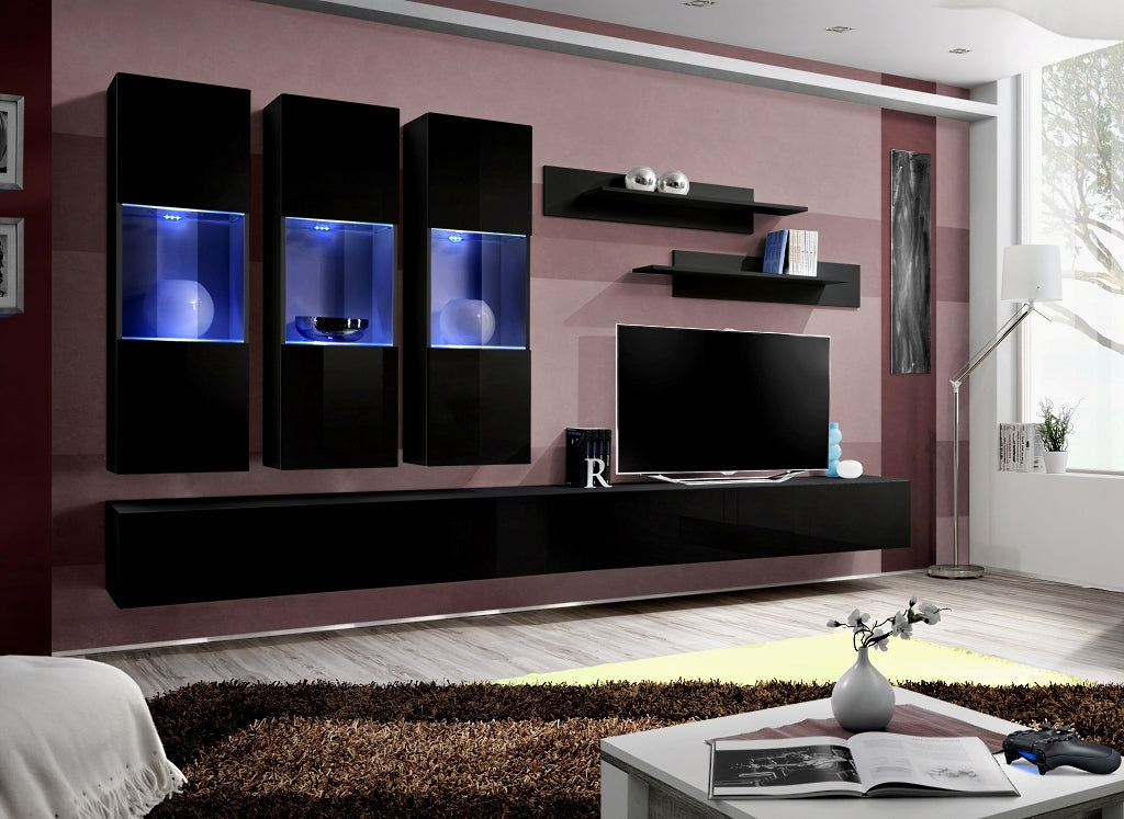 Ensemble meuble TV mural FLY-E noir de haute brillance avec LED clicktofournisseur.com