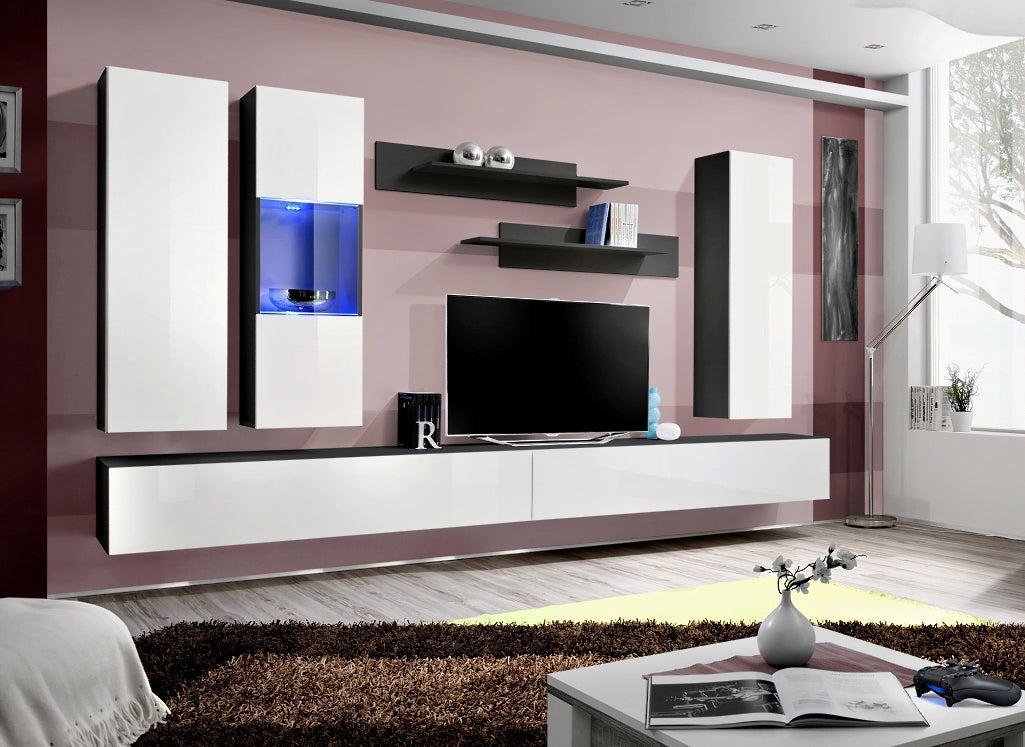 Ensemble meuble TV mural FLY-E noir et blanc de haute brillance avec LED clicktofournisseur.com