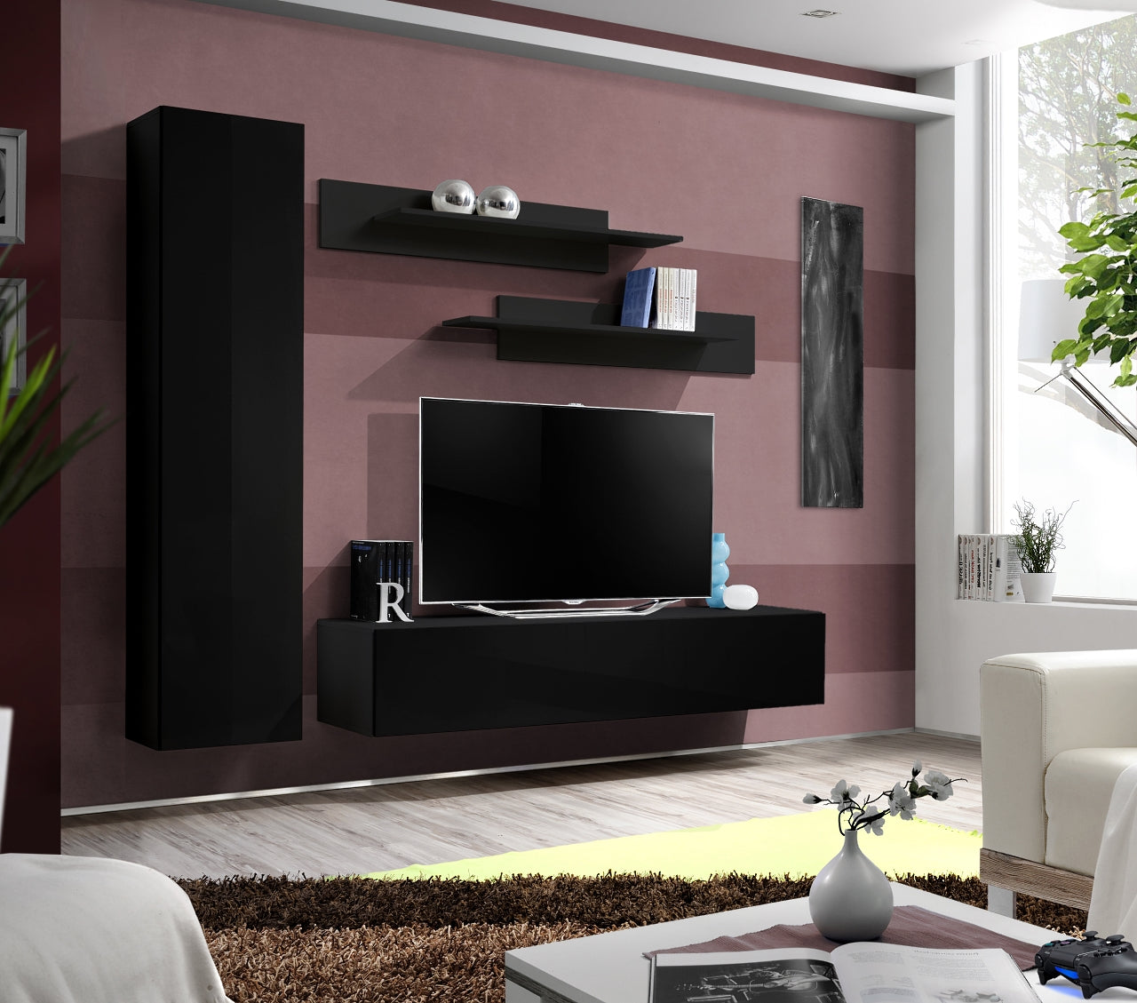 Ensemble meuble TV mural FLY-G noir de haute brillance clicktofournisseur.com