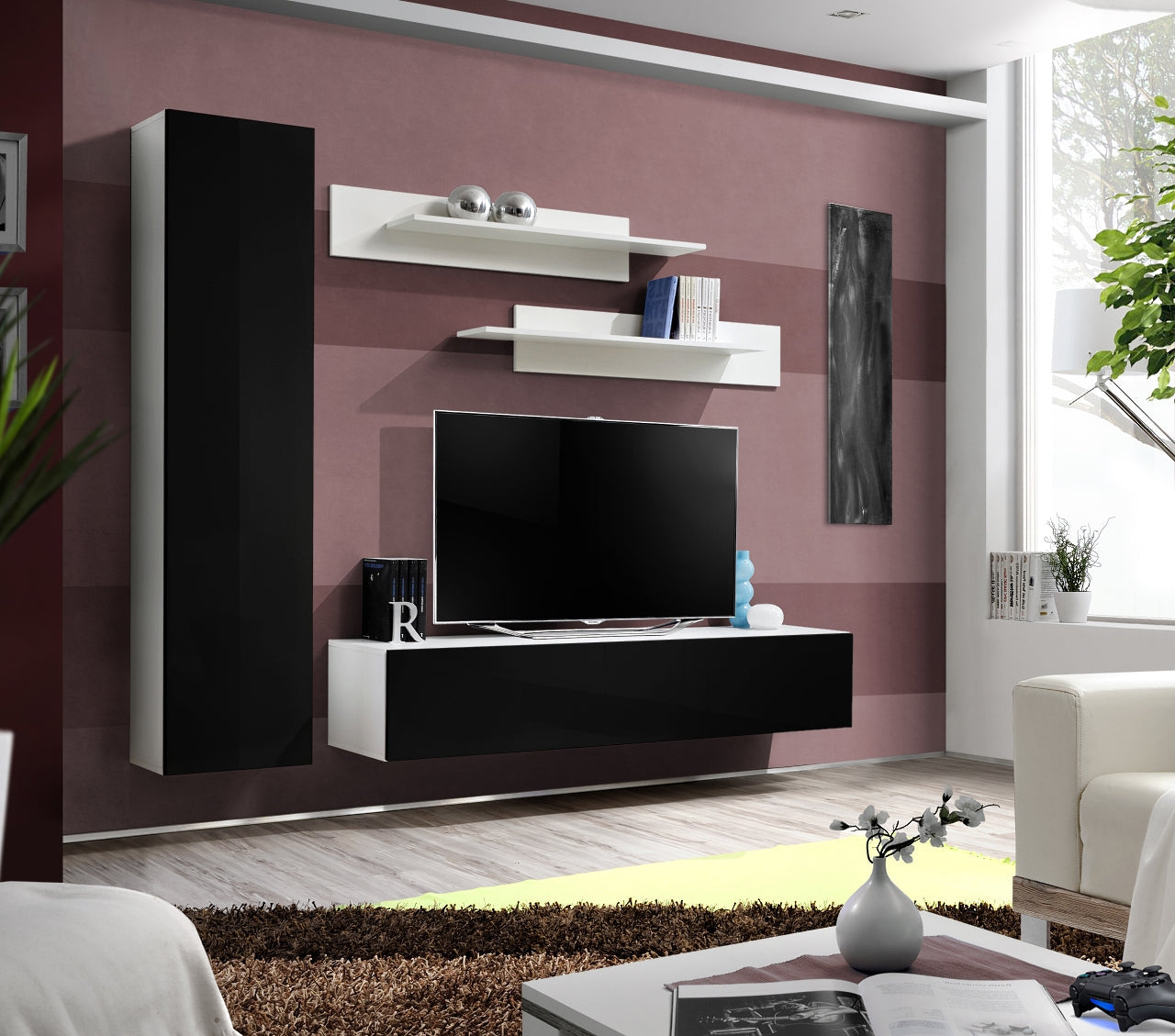 Ensemble meuble TV mural FLY-G noir et blanc de haute brillance clicktofournisseur.com