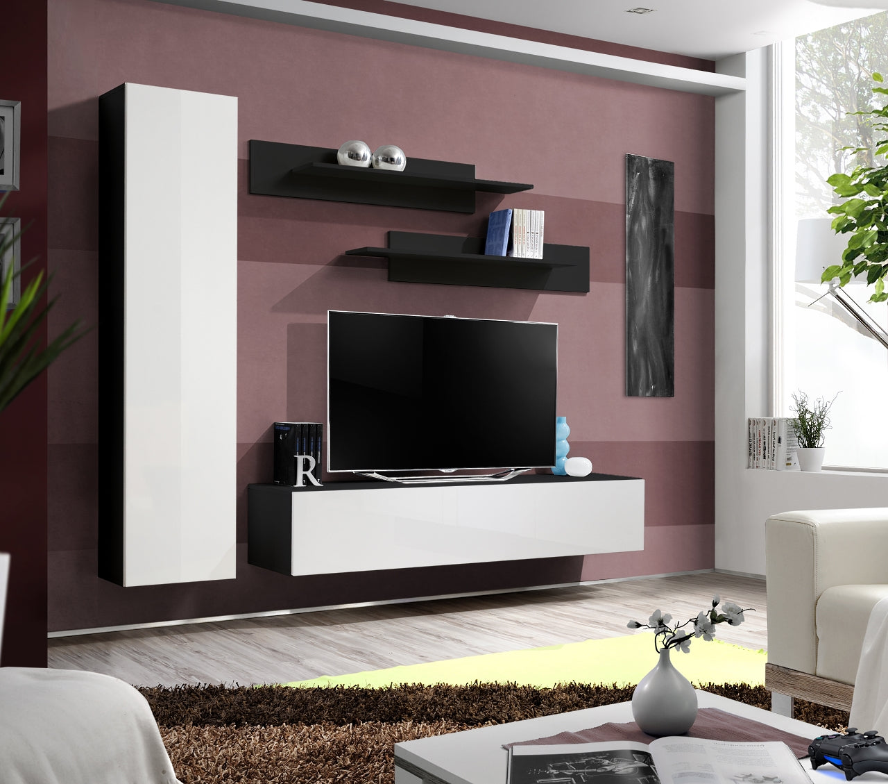 Ensemble meuble TV mural FLY-G noir et blanc de haute brillance clicktofournisseur.com