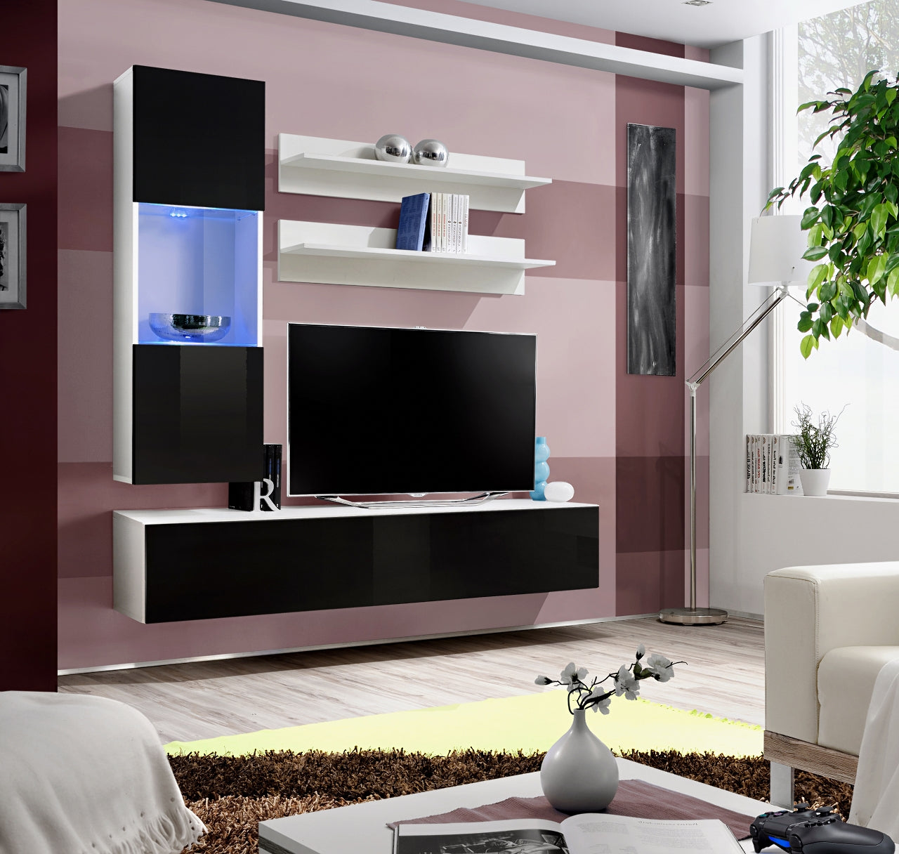 Ensemble meuble TV mural FLY-H noir et blanc de haute brillance avec LED clicktofournisseur.com