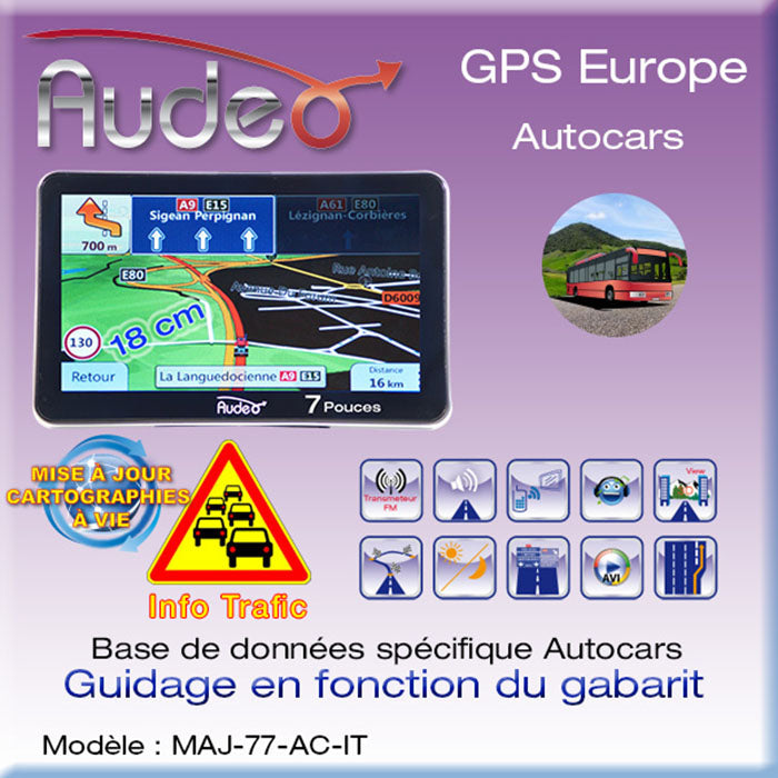 GPS AUDEO Autocars 7", info trafic + MAJ vie clicktofournisseur.com