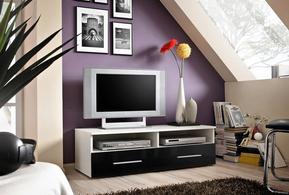Grand Meuble TV bicolore FLY 34 à suspendre 160x30x40cm - noir et blanc de haute brillance avec éclairage LED clicktofournisseur.com