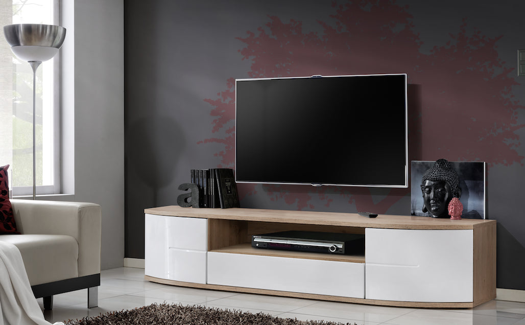 Grand meuble TV ONTARIO en chêne et blanc de haute brillance 190x43x48 cm clicktofournisseur.com