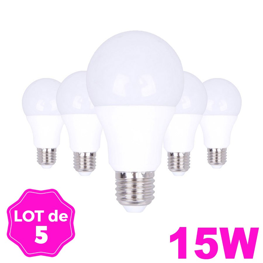Lot de 5 ampoules LED E27 A60 15W 220V 3000K blanc chaud Haute Luminosité clicktofournisseur.com