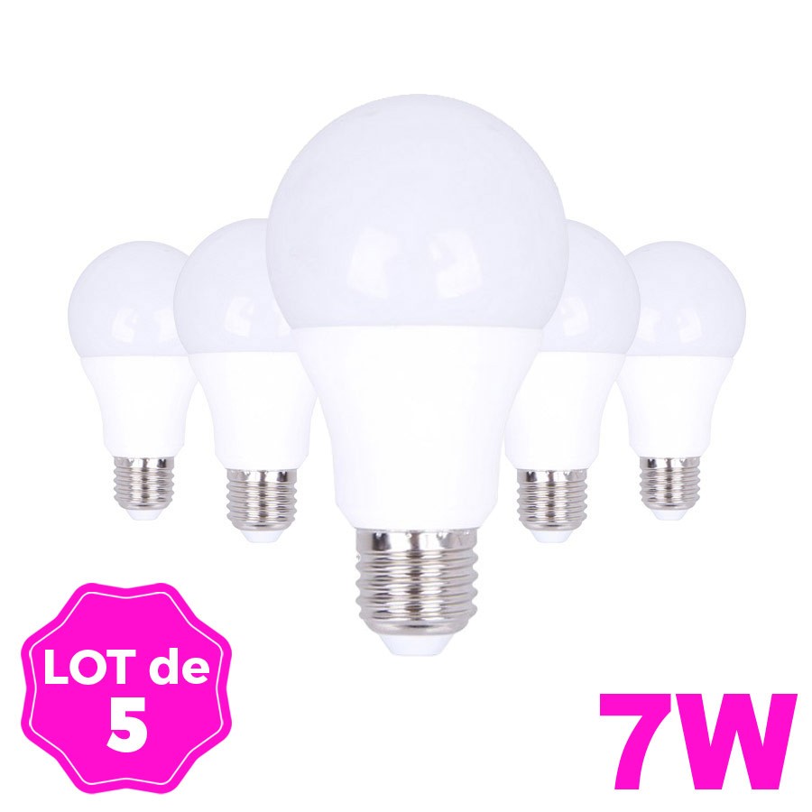 Lot de 5 ampoules LED E27 A60 7 W 220V 6000K blanc froid Haute Luminosité clicktofournisseur.com