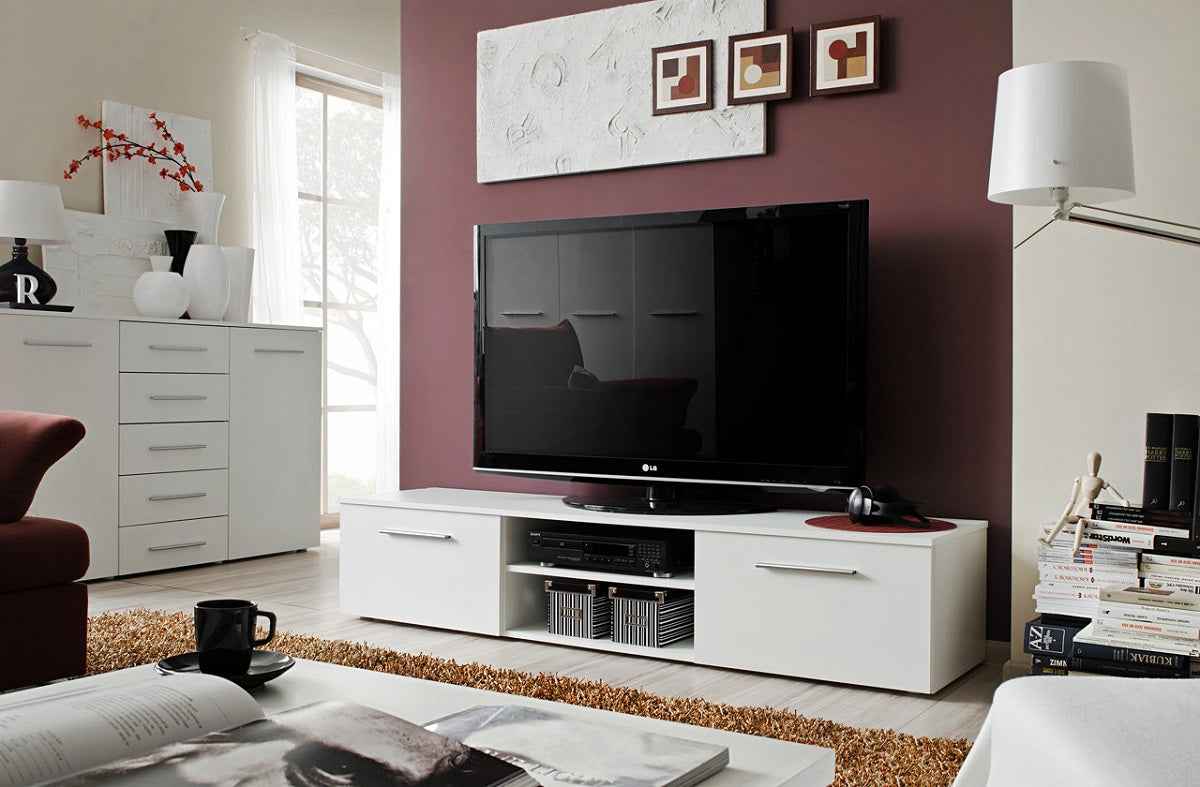 Meuble TV FRESH 150x35x45 cm - en wengé et blanc de haute brillance avec LED clicktofournisseur.com