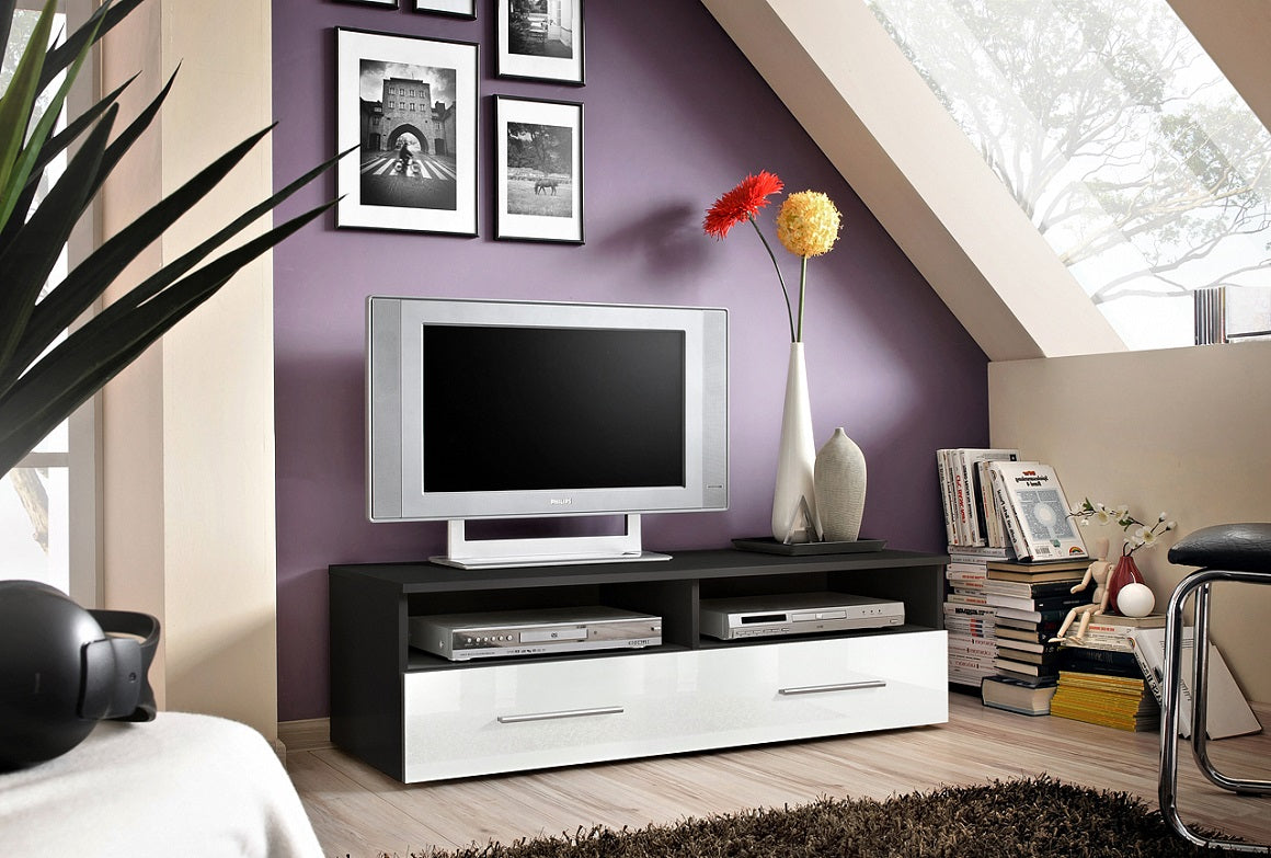 Meuble TV bicolore FLY35 à suspendre 160x30x40cm - noir et blanc de haute brillance avec LED clicktofournisseur.com