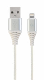 Câble USB mâle Gembird - Lightning mâle en coton tressé de qualité supérieure 1 m Argent/Blanc