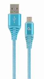 Câble d'alimentation et de données GEMBIRD, pour smartphone, USB 2.0 (T) vers Micro-USB 2.0 (T), 1 m, câble tressé en coton de qualité supérieure, turquoise avec inserts blancs, « CC-USB2B-AMmBM-1M-VW » (timbre vert 0,08 lei)