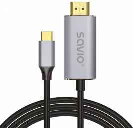 Câble USB-C vers HDMI 2.0B, 2 m, argent/noir, embouts dorés, SAVIO CL-171