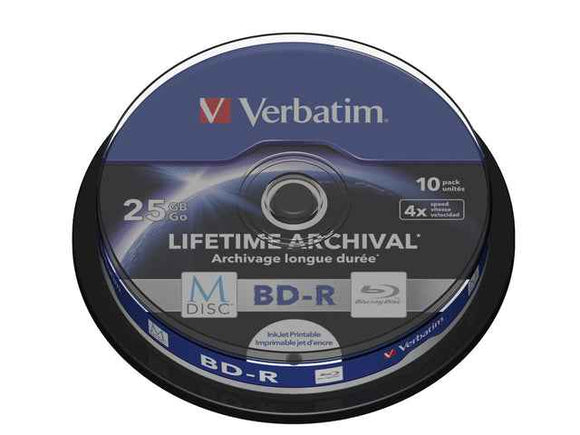 BD-R VERBATIM 25 Go, vitesse 4x, 10 octets, broche, imprimable, « MDISC Lifetime Archival » « 43825 »