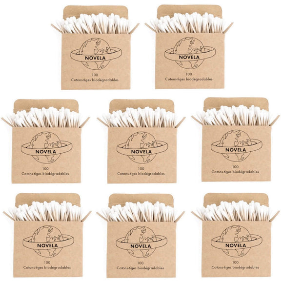 Lot de 8 boîtes de coton-tiges biodégradables en bois, 100 unités, éco-responsables et compostables.