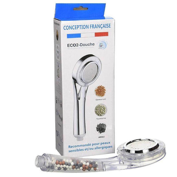 ECO2-Douche L'ORIGINAL français, pomme de douche transparente avec recharge, pierres naturelles incluses.
