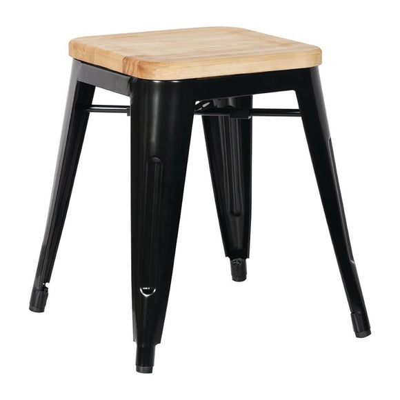 LOT DE 4 TABOURETS BISTRO BAS EN ACIER NOIR AVEC ASSISE EN BOIS - clicktofournisseur.com