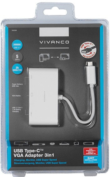 Adaptateur Vivanco USB-C - VGA 3 en 1, blanc (34294)