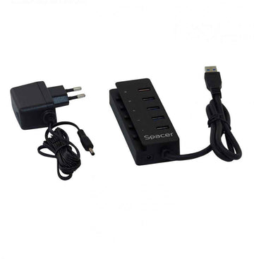 Hub externe SPACER, ports USB : USB 3.0 x 4, port de charge rapide USB x 1, connexion via USB 3.0, alimentation secteur 220 V, noir, « SPH-4USB30-1QC » (tampon vert 0,8 lei)