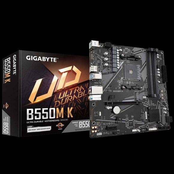 Gigabyte | B550M K 1.0 M/B | Famille de processeurs AMD | Socket de processeur AM4 | DDR4 DIMM | Emplacements mémoire : 4 | Interfaces de disque dur prises en charge : SATA, M.2 | Nombre de connecteurs SATA : 4 | Chipset AMD B550 | Micro ATX