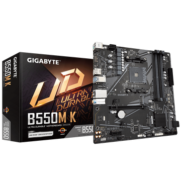 Gigabyte | B550M K 1.0 M/B | Famille de processeurs AMD | Socket de processeur AM4 | DDR4 DIMM | Emplacements mémoire : 4 | Interfaces de disque dur prises en charge : SATA, M.2 | Nombre de connecteurs SATA : 4 | Chipset AMD B550 | Micro ATX