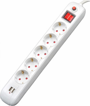 Rallonge d'entretoise schuko x 5 connexion schuko t usb x 2 câble de 18 m 16 a max. 3 500 w protection contre les surtensions blanc 45506867  pp-5-18 usb  timbre vert 018 lei