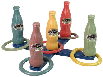 Jeu artisanal de lancer de bouteilles avec cerceau et points
