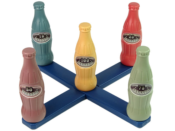 Jeu artisanal de lancer de bouteilles avec cerceau et points