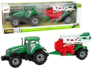 Tracteur agricole vert avec pulvérisateur rouge et vert à entraînement fricatif