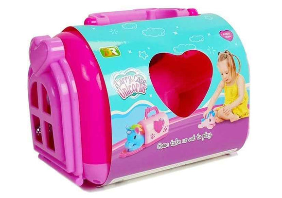 Mascotte de cheval licorne poney avec transporteur dans une valise