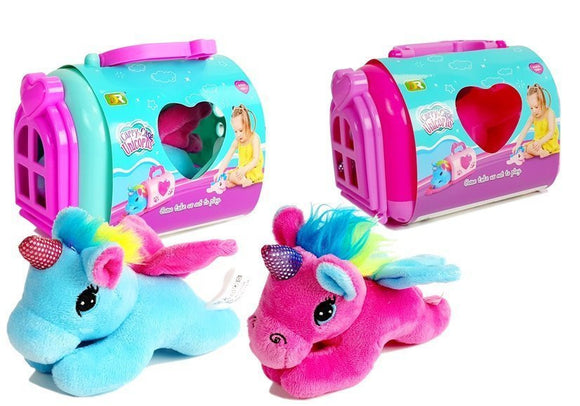 Mascotte de cheval licorne poney avec transporteur dans une valise