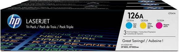Cartouche de toner d'origine HP 126A CF341AD cyan magenta jaune 3x 1 000 pages, pack de 3